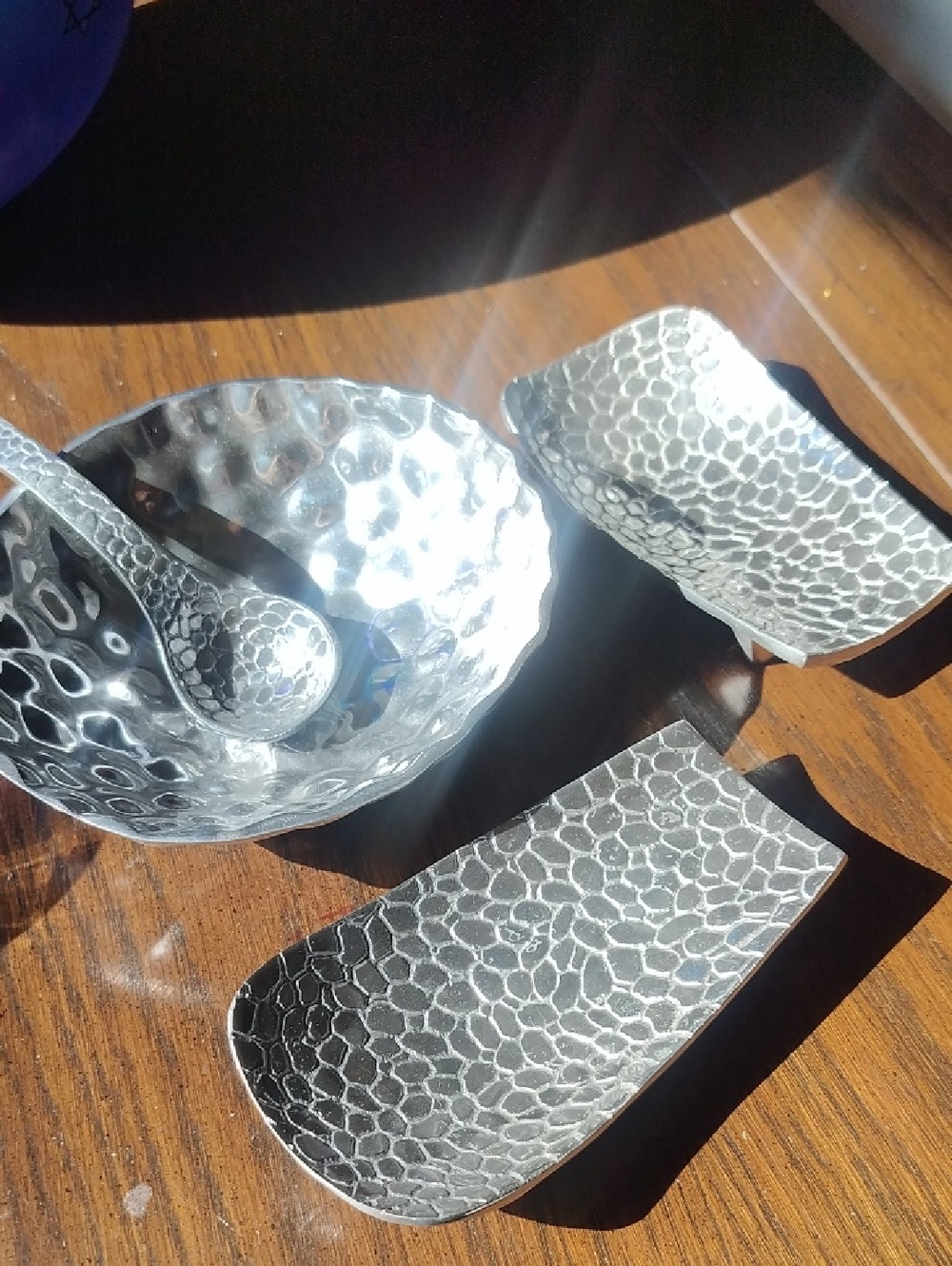 Vintage Silver Hammered Serving Set - Bowl, Spoon & Trays